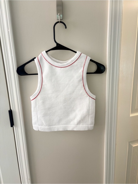 all in motion Tops - White Textured Tank with Red Piping